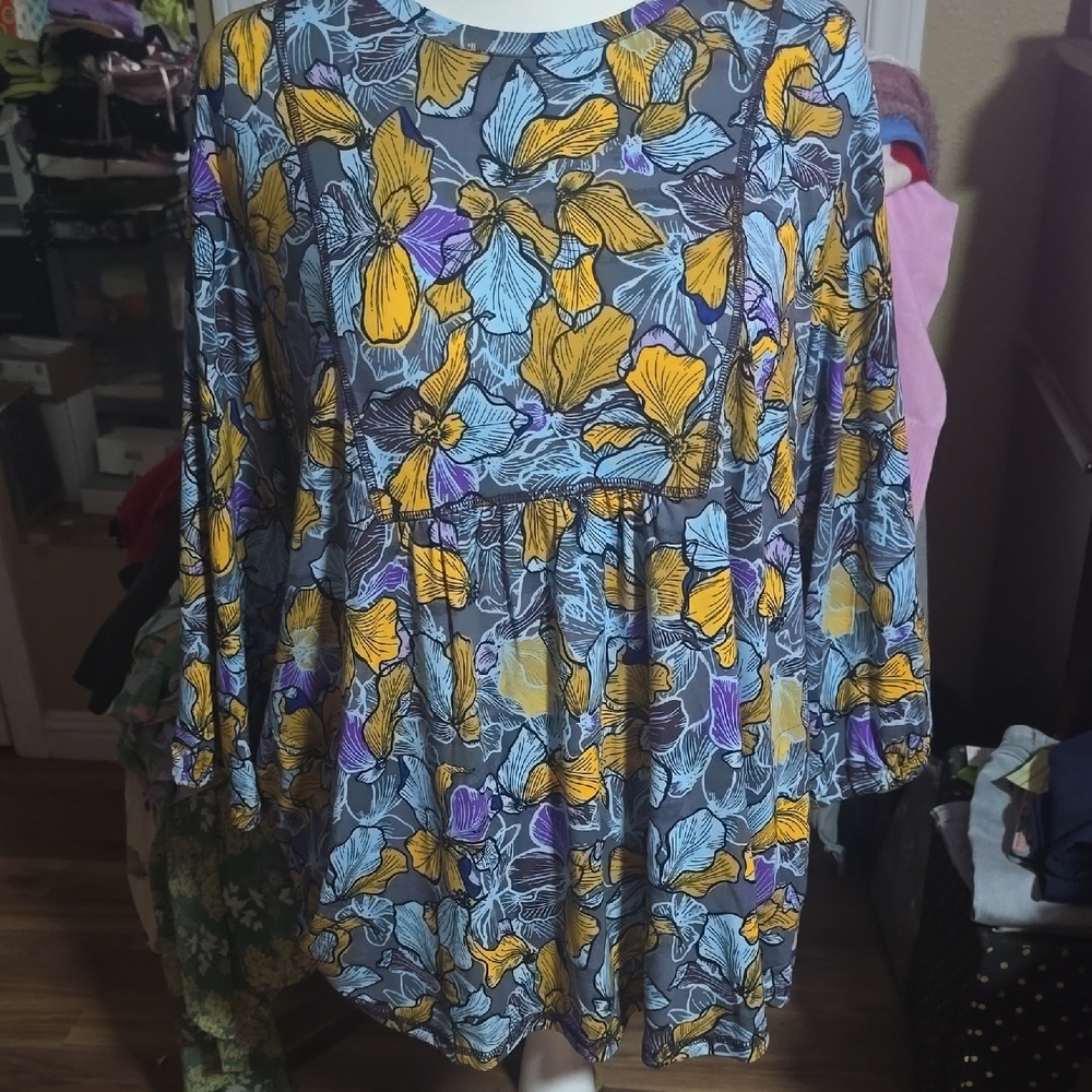 Yellow and Blue Puff Sleeve Blouse with Peter Pan Collar